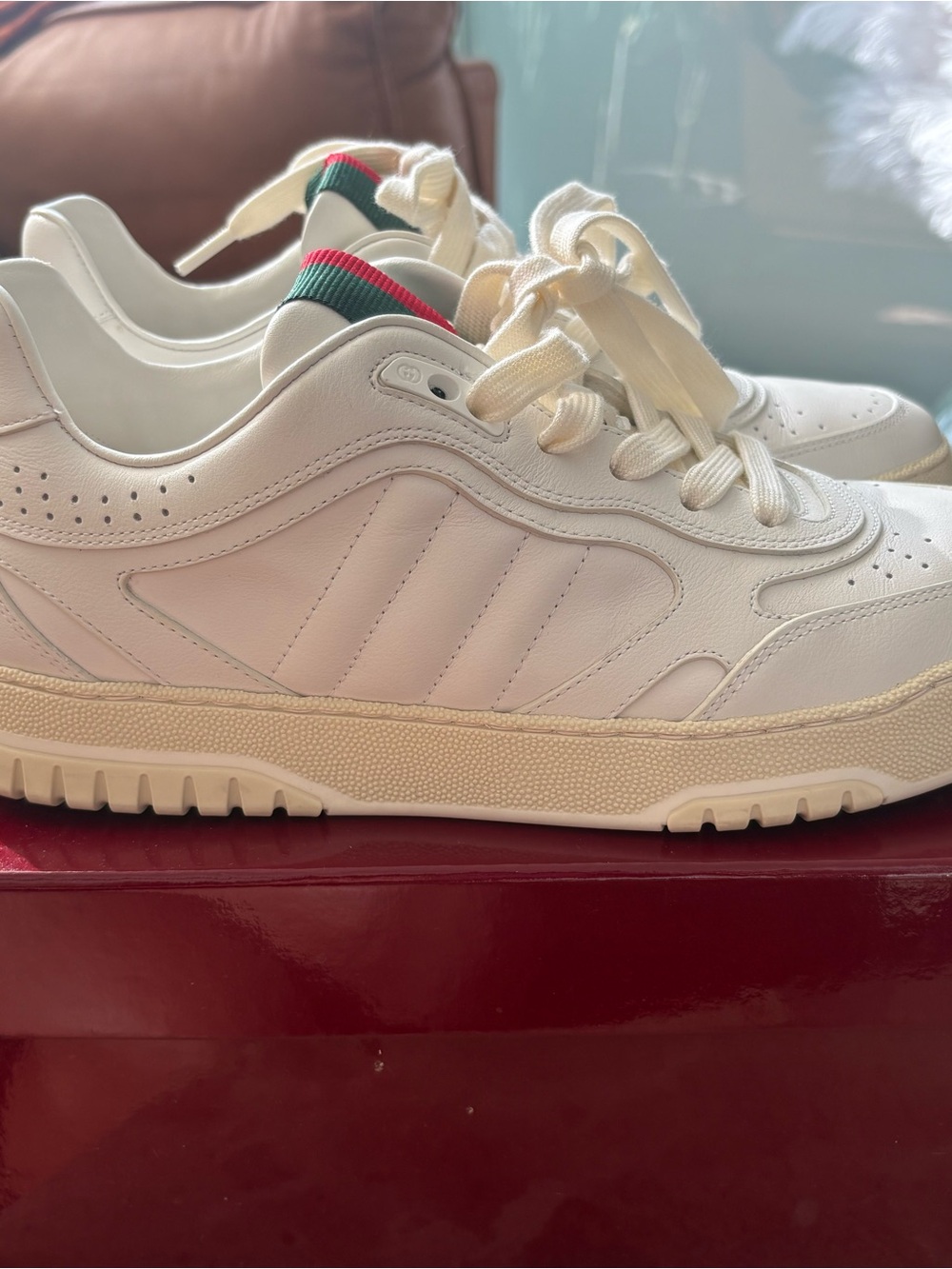 Gucci White Leather Sneakers with Green & Red Heel Tab